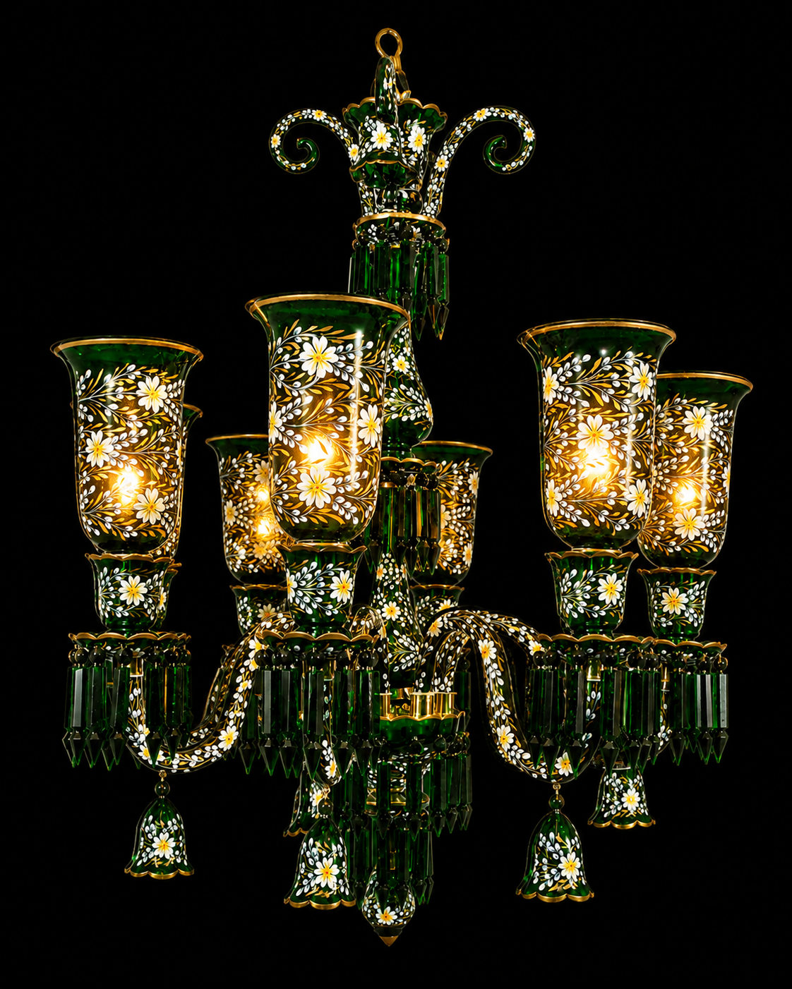 Gulnaqqashi Emerald-Green Hand-Painted Floral-Glass Eight-Light Chandelier