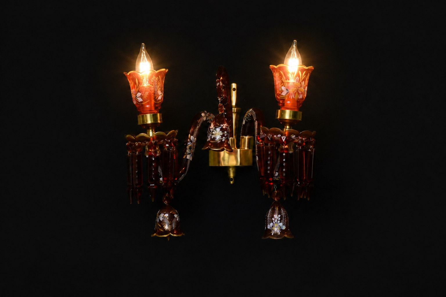 Gulbahar Hand-Painted Ruby Glass Two-Light Crystal-Drop Wall Sconce