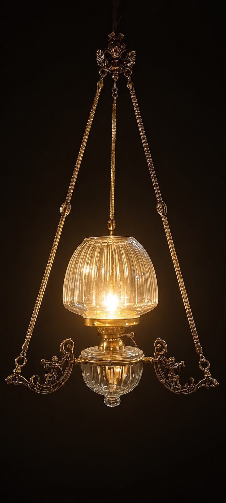 Cherub Motif Fluted Glass Hanging Light — Twin Scroll Supports