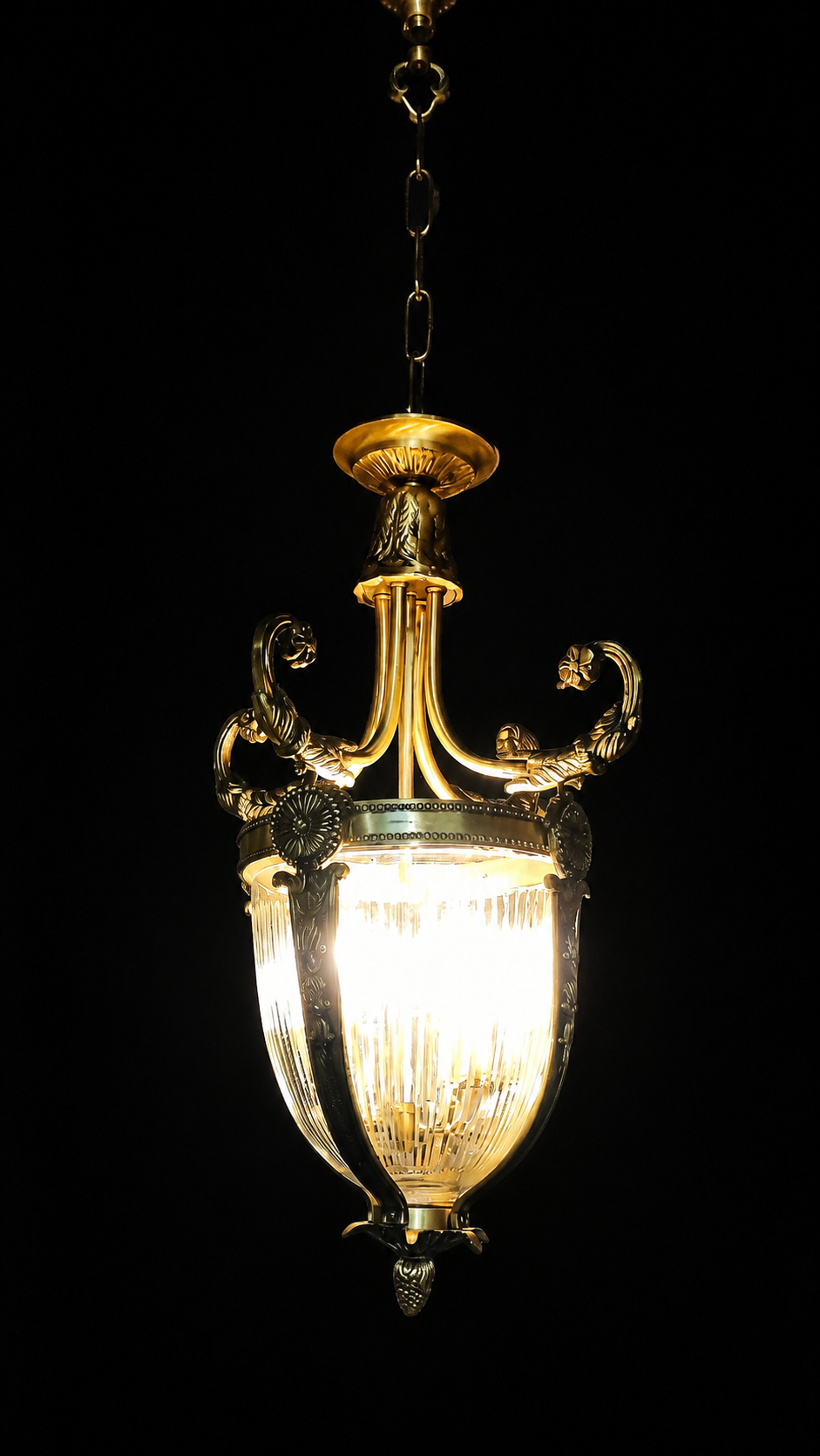 Scrolled Antique Brass Fluted Glass Hanging Light