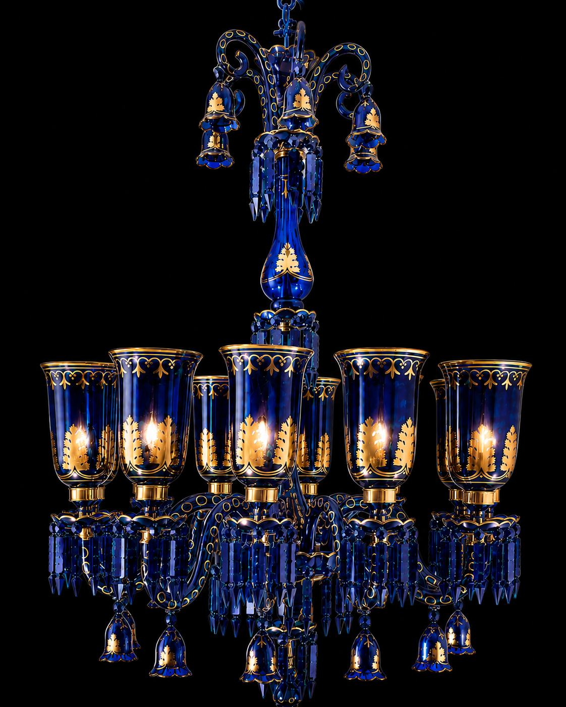 Bagh-e-Noor Gold-Decorated 12-Light Glass Chandelier — Cobalt Blue · SGE-CH-094 · Samrat Glass Emporium