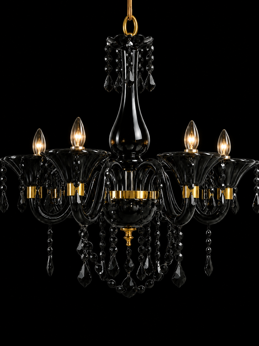 Shyamratna Black-Glass Six-Light Crystal-Draped Chandelier — Gold Accents · SGE-CH-101 · Samrat Glass Emporium