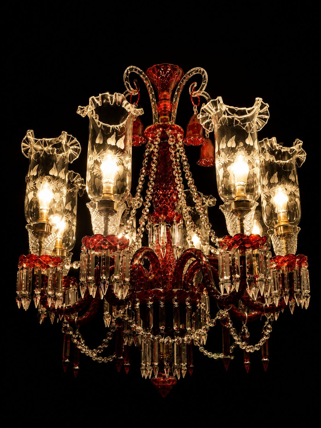 Etched Blossom Ruby Red Glass Chandelier