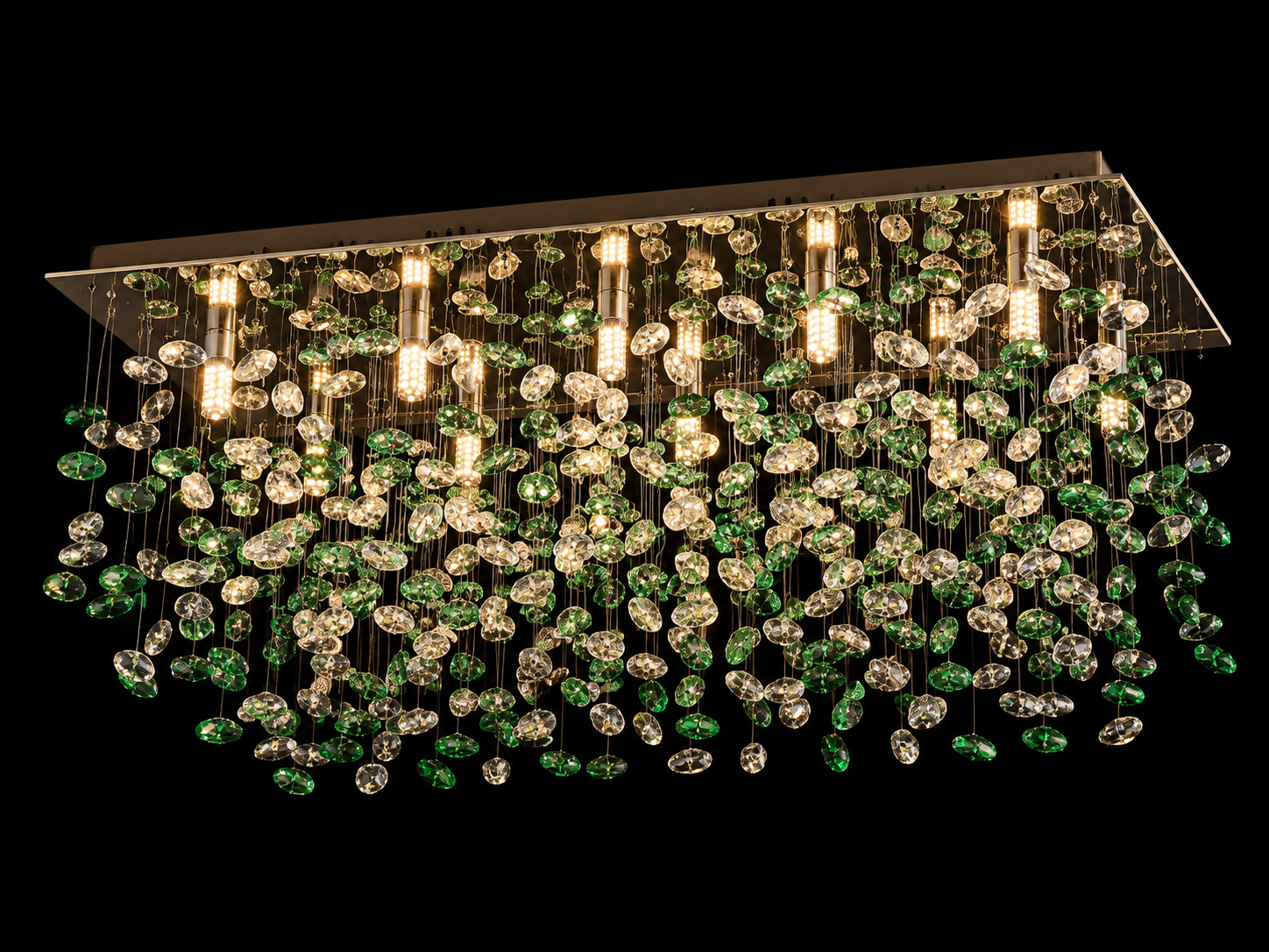 Haritvarsha Emerald-and-Clear Crystal-Disc Rectangular Rainfall Chandelier — Chrome · SGE-CH-103 · Samrat Glass Emporium