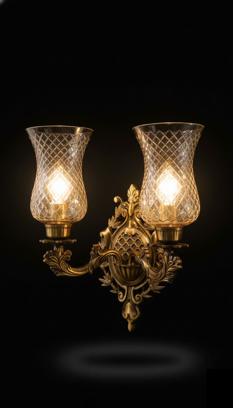 Yugalrekha Diamond-Lattice Clear Glass Twin-Light Antique-Brass Wall Sconce