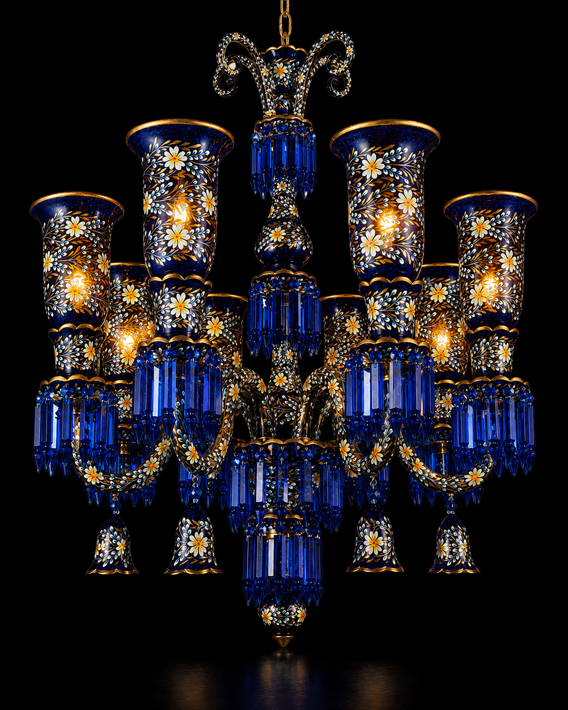 Gulnaqqashi Cobalt-Blue Hand-Painted Floral-Glass Eight-Light Chandelier