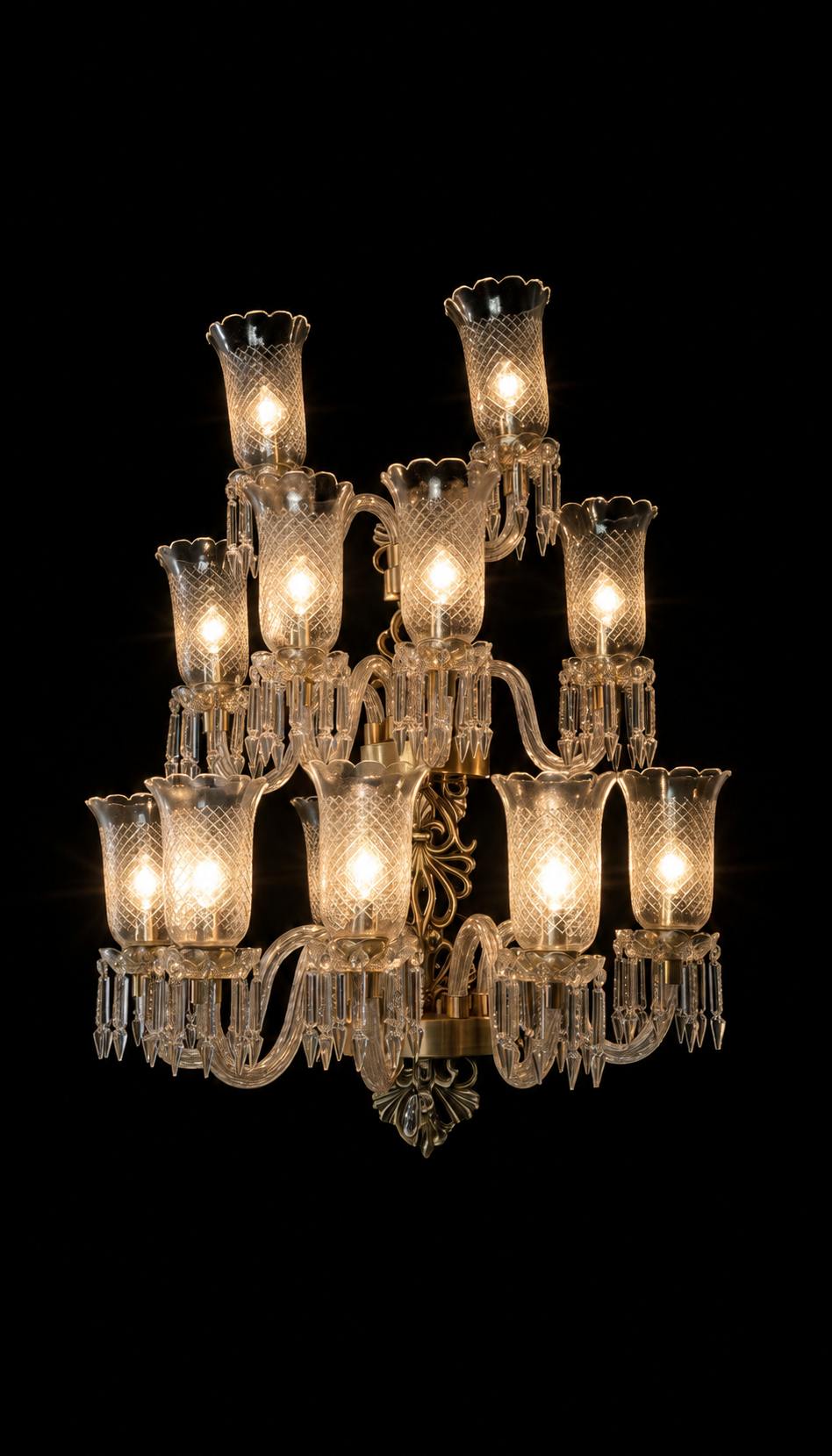 Rajmayur Diamond-Lattice Clear Glass Twelve-Light Triple-Tier Wall Chandelier · Wall Light · SGE-WL-109 · Samrat Glass Emporium
