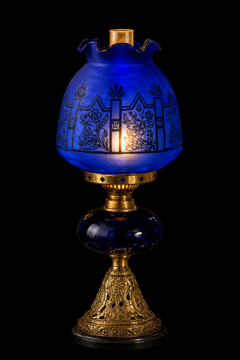 Rangbagh Scalloped Floral Hurricane Table Lamp — Cobalt Blue