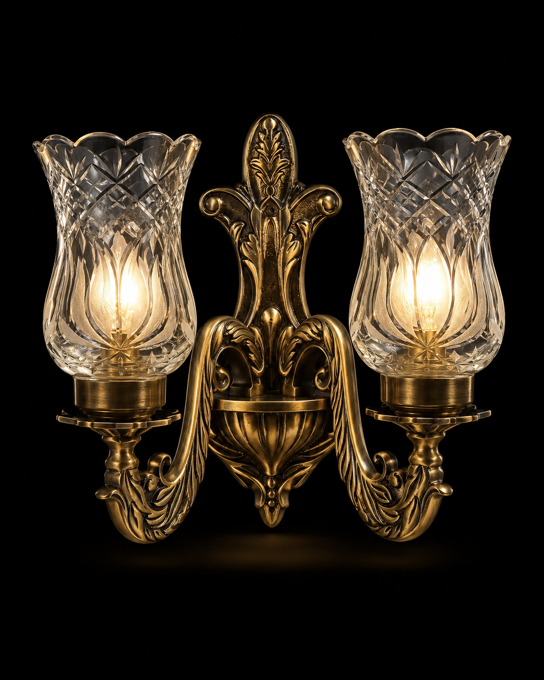 Padmapatra Scalloped Floral-Cut Clear Glass Twin-Light Wall Sconce