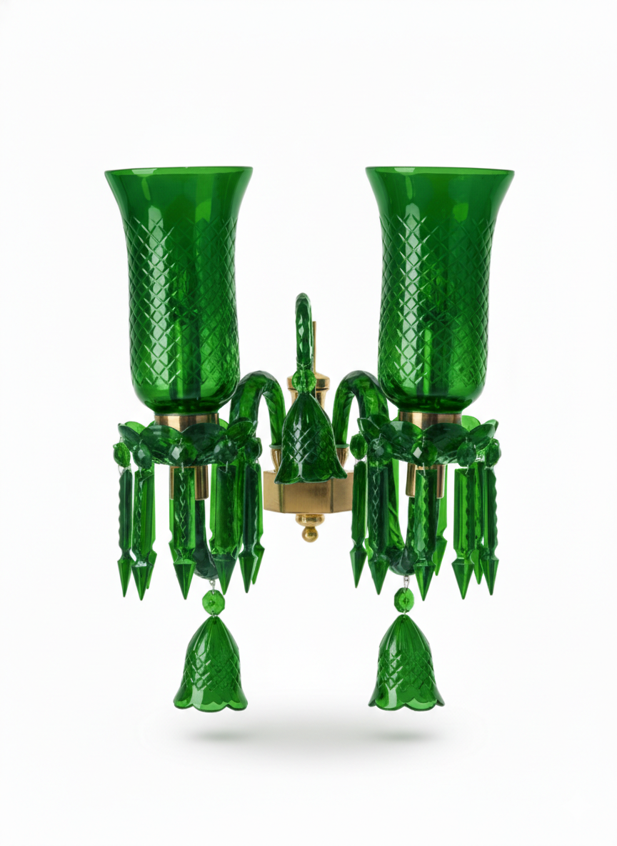 Meher Diamond-Cut Tulip Twin-Light Crystal Wall Sconce — Emerald Green · Wall Light · SGE-WL-071 · Samrat Glass Emporium — view 2