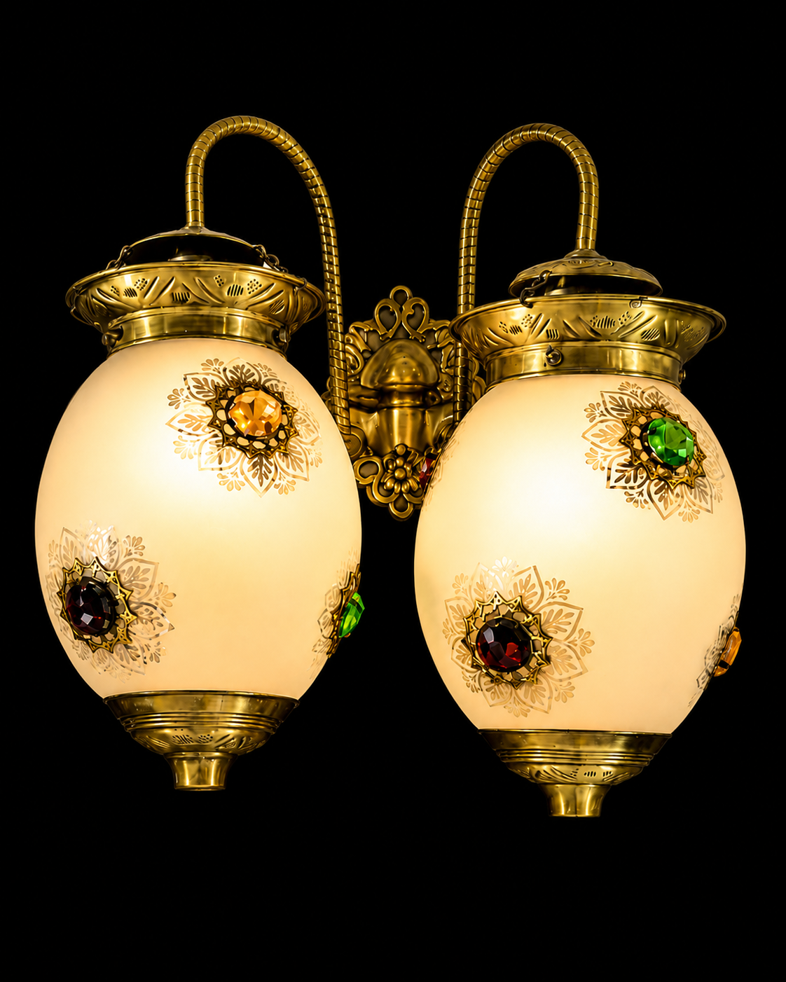 Noorjaal Jewel-Medallion Frosted Glass Twin Hanging Wall Lantern