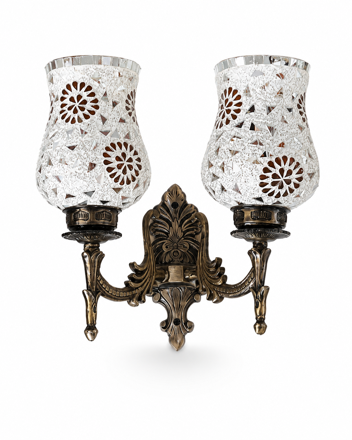 Shilpmahal Ornate Twin-Arm Two-Light Antique-Brass Wall Sconce — Ivory Floral-Mosaic Glass · Wall Light · SGE-WL-118 · Samrat Glass Emporium — view 2