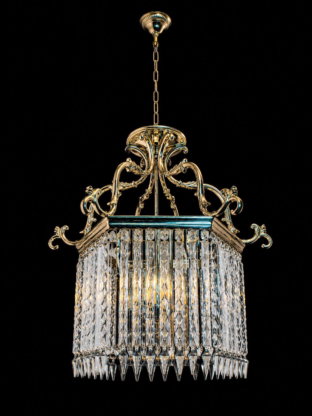 Mehrab Square Scrollwork Crystal Hanging Lantern — Silver-Teal — Large