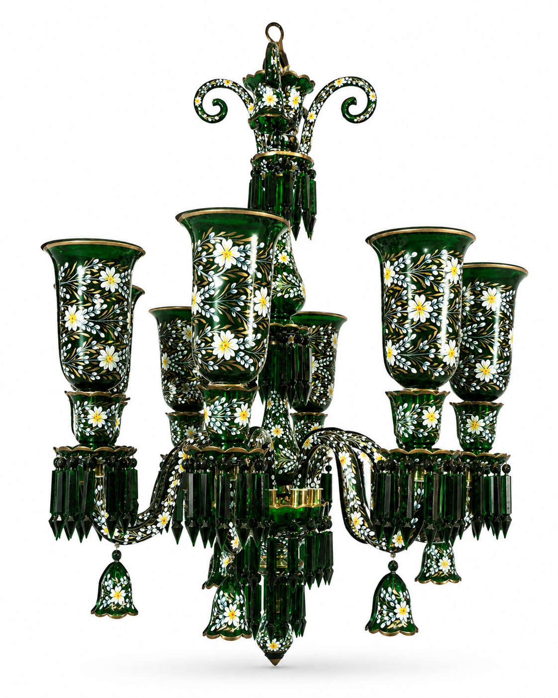 Gulnaqqashi Emerald-Green Hand-Painted Floral-Glass Eight-Light Chandelier · SGE-CH-117 · Samrat Glass Emporium — view 2
