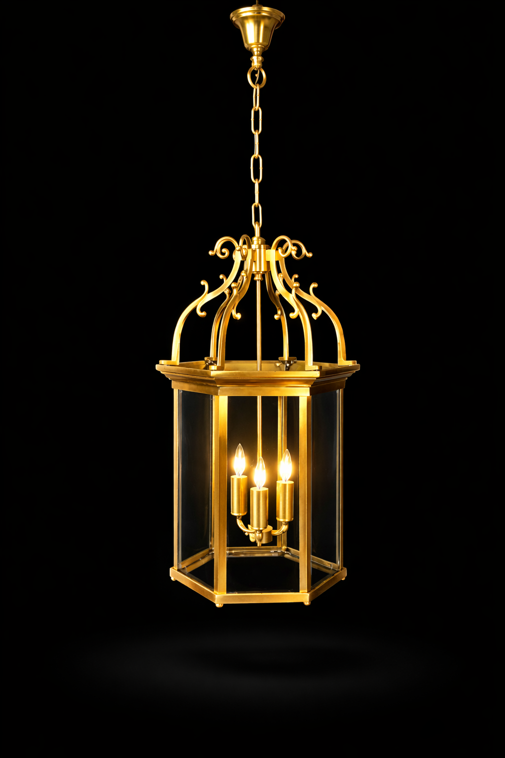 Rajdwar Clear-Glass Lantern Hanging Light — Three-Light Scroll Crown