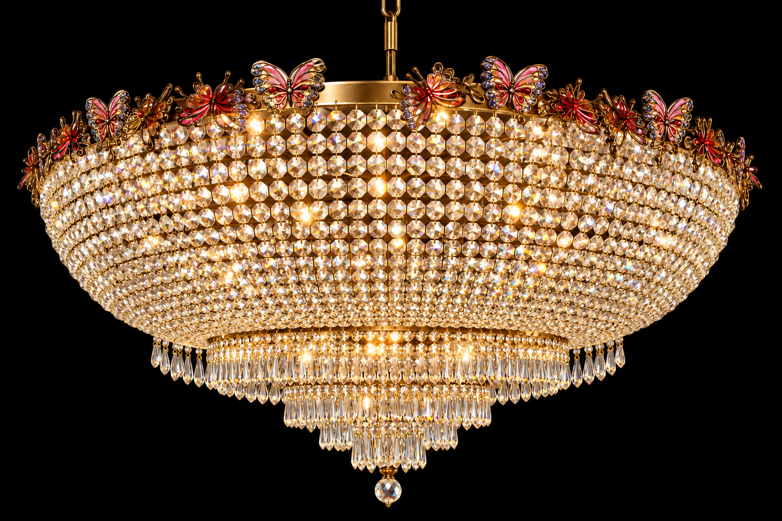 Ratnajaal Butterfly-Crown Crystal-Bead Basket Chandelier · SGE-CH-151 · Samrat Glass Emporium