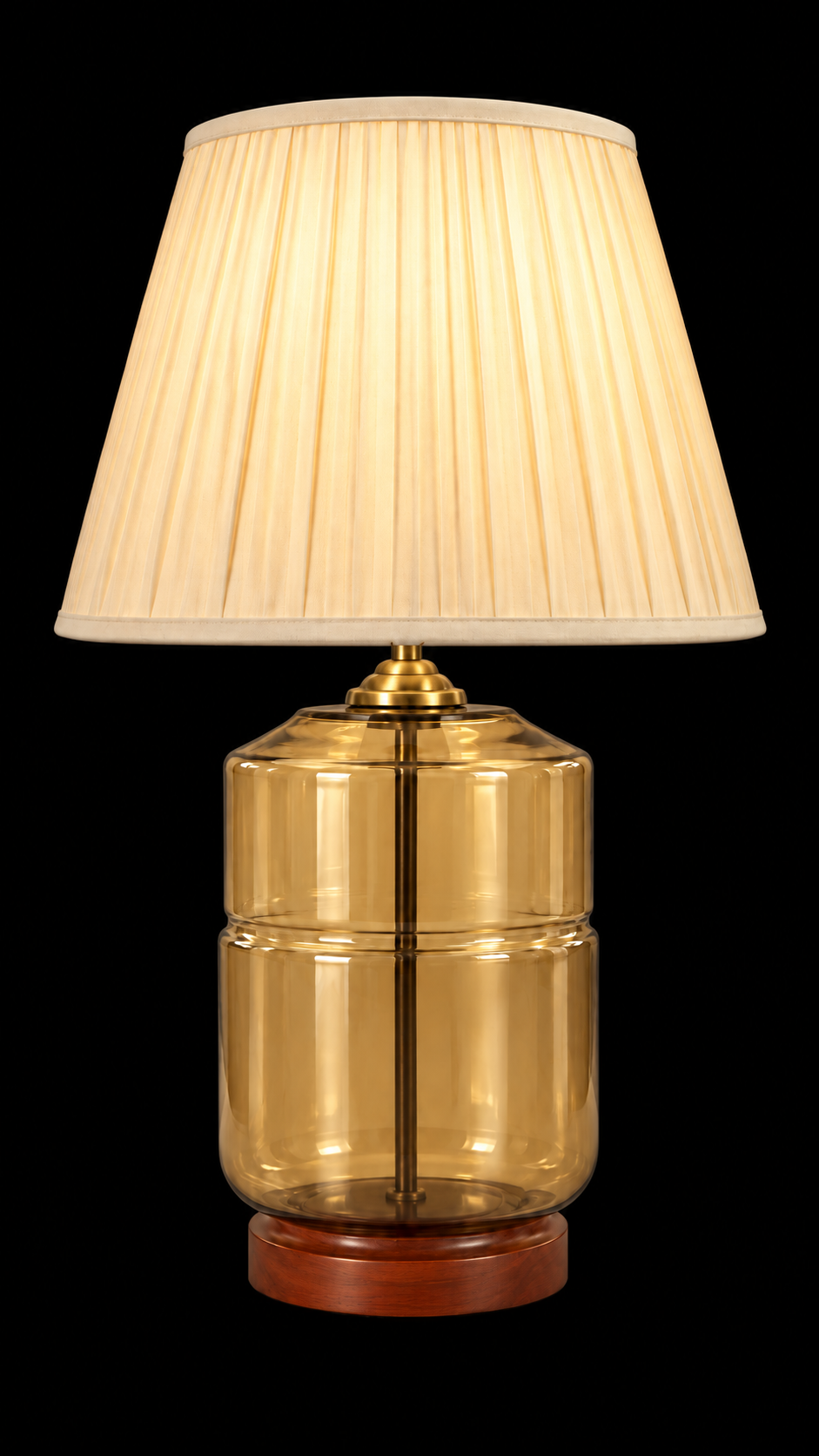 Luster-Golden Glass Cylinder Table Lamp — Segmented Body & Pleated Ivory Shade · SGE-TL-094 · Samrat Glass Emporium