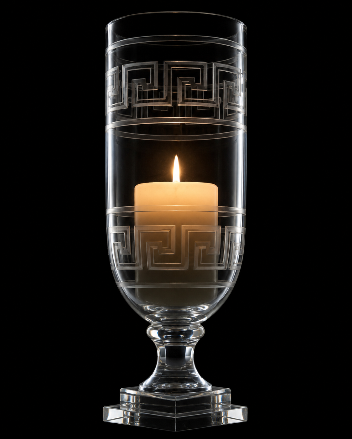 Anantrekha Greek-Key Clear Glass Hurricane Candle Stand