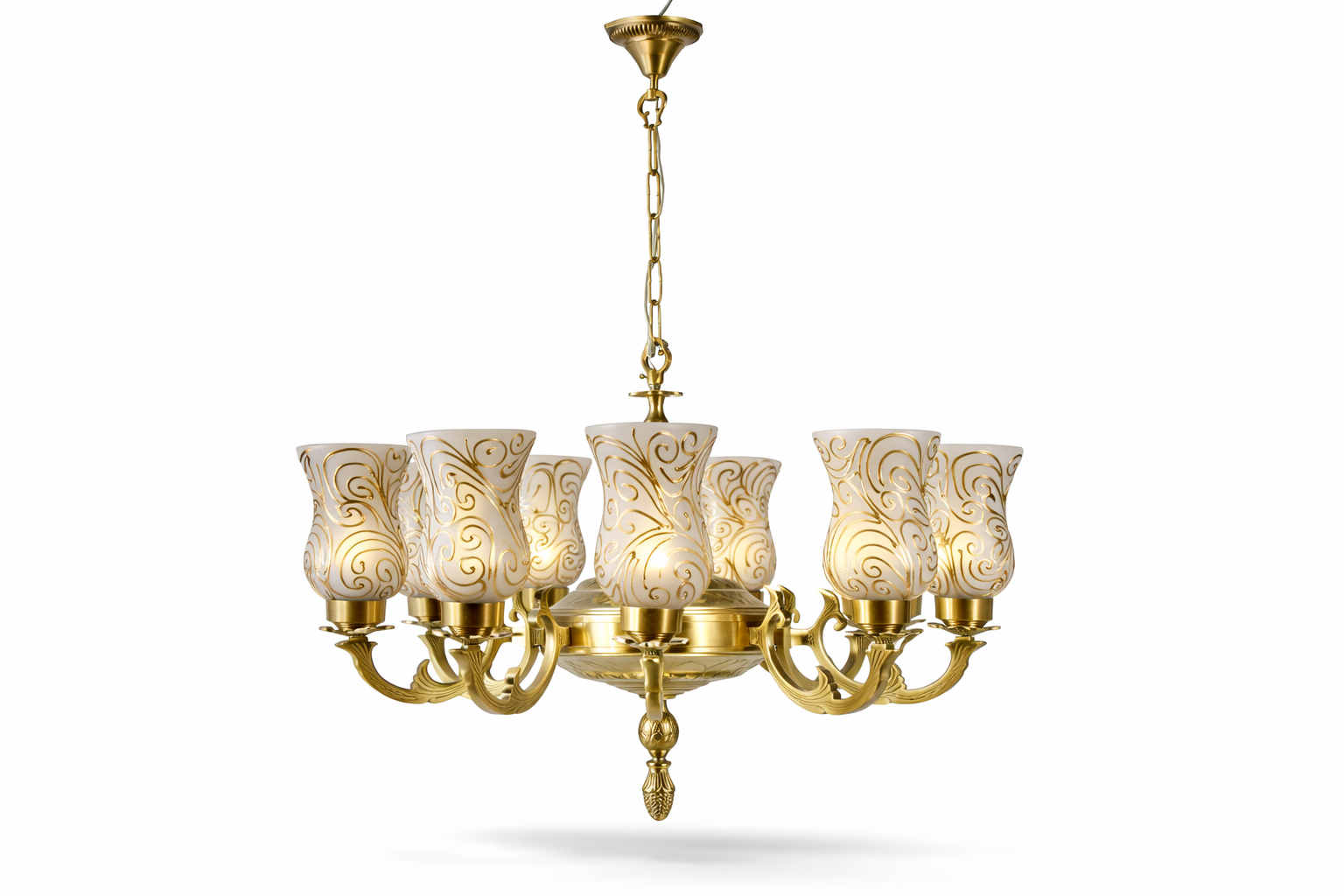 Tarangrekha Gold-Scroll Frosted Glass Eight-Light Chandelier · SGE-CH-112 · Samrat Glass Emporium — view 2
