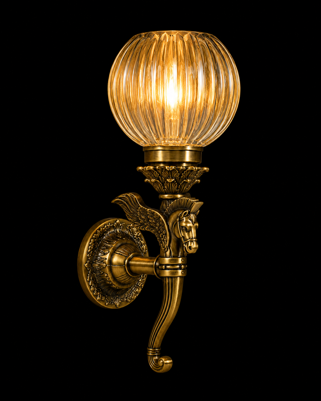 Ashvapankh Sculpted Winged-Horse Ribbed Amber-Glass Wall Sconce