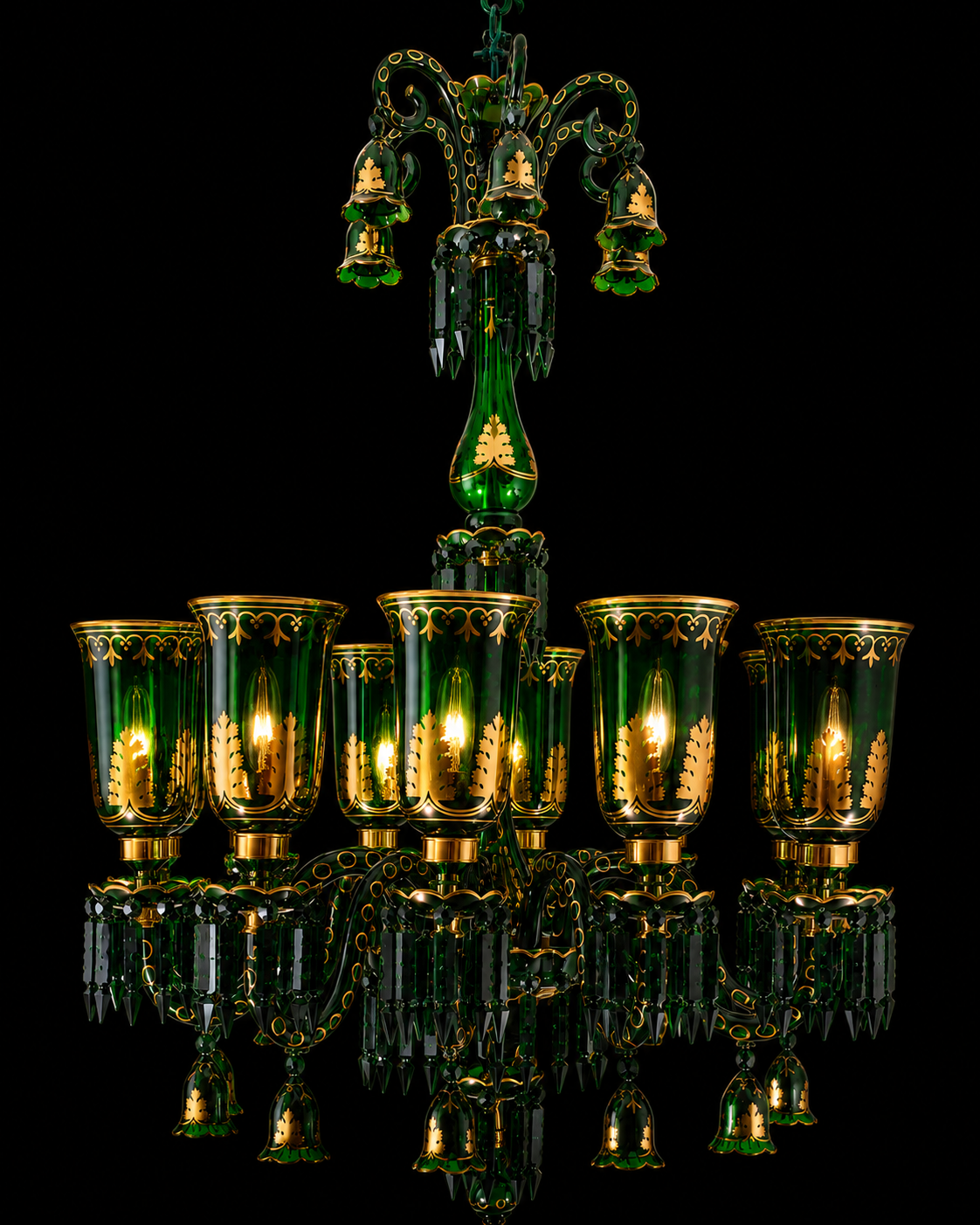 Bagh-e-Noor Gold-Decorated 12-Light Glass Chandelier — Emerald