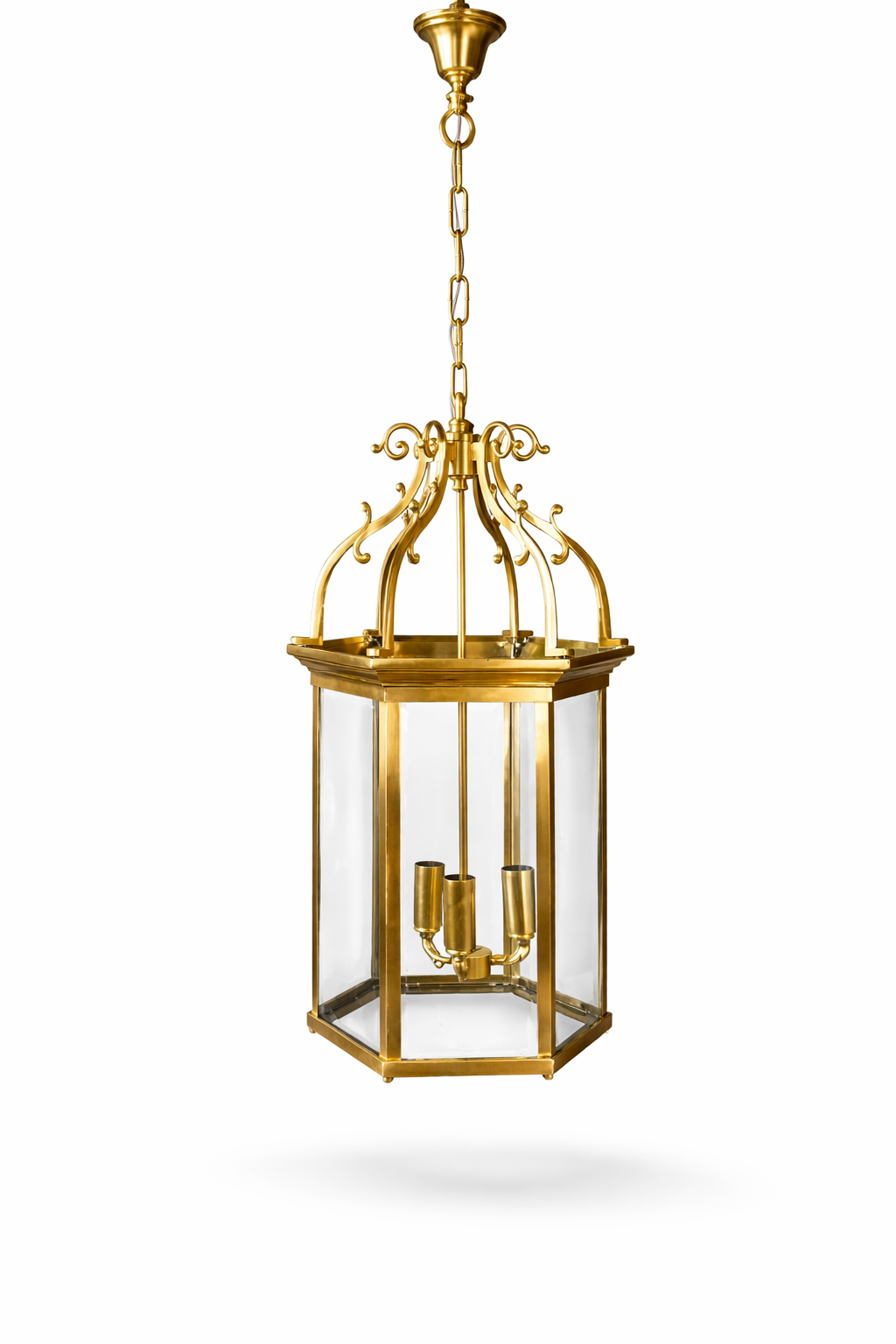 Rajdwar Clear-Glass Lantern Hanging Light — Three-Light Scroll Crown · SGE-HL-013 · Samrat Glass Emporium — view 2