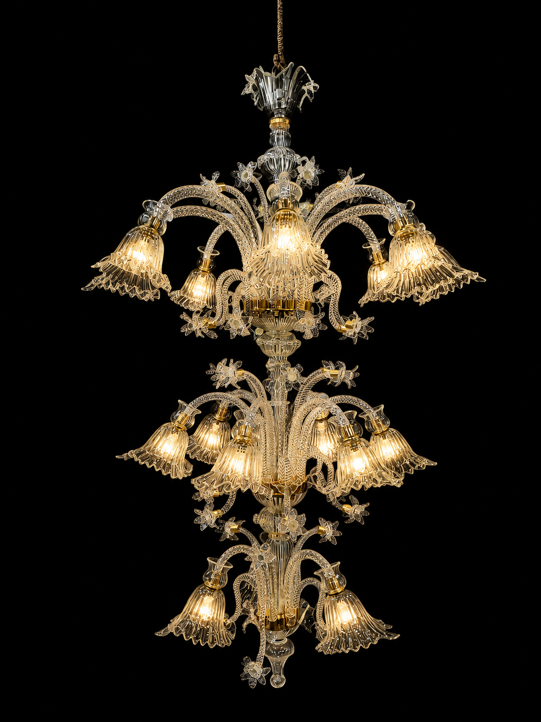 Gulzar Transparent Seventeen-Light Three-Tier Glass Chandelier · SGE-CH-071 · Samrat Glass Emporium