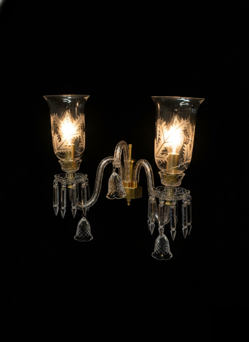 Afsana Etched-Leaf Tulip Two-Light Clear Crystal-Arm Wall Sconce