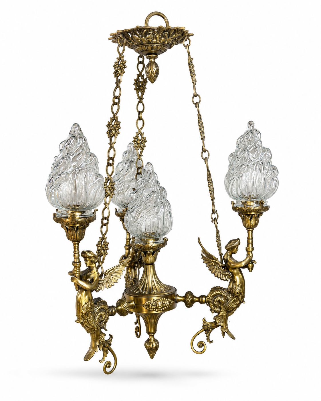 Apsarajyoti Sculpted Winged-Maiden Flame-Glass Four-Light Three-Arm Chandelier · SGE-CH-097 · Samrat Glass Emporium — view 2