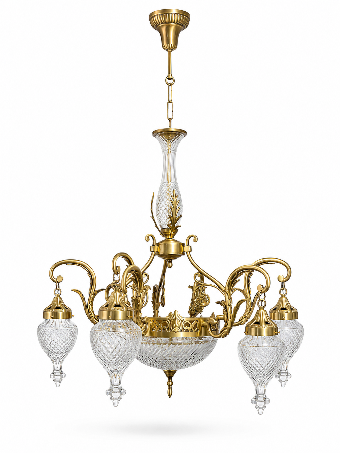 Suvarnlatā Diamond-Cut Glass Chandelier — Six Urn Drops & Central Bowl · SGE-CH-030 · Samrat Glass Emporium — view 2