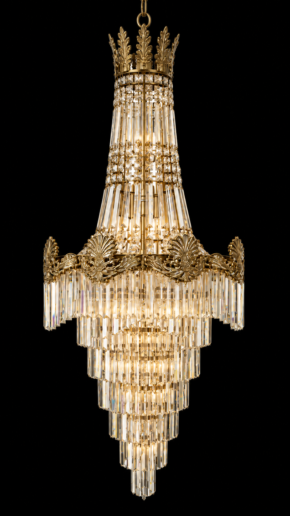 Rajshikhar Acanthus-Crown Crystal-Prism Grand Cascade Chandelier · SGE-CH-152 · Samrat Glass Emporium