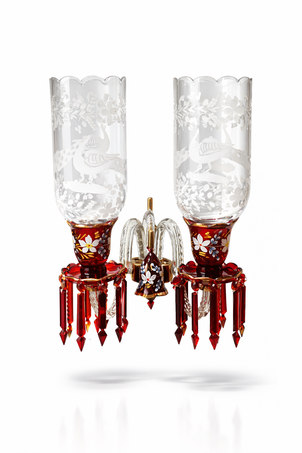 Mayurvan Etched-Peacock Ruby Glass Two-Light Wall Sconce · Wall Light · SGE-WL-106 · Samrat Glass Emporium — view 2