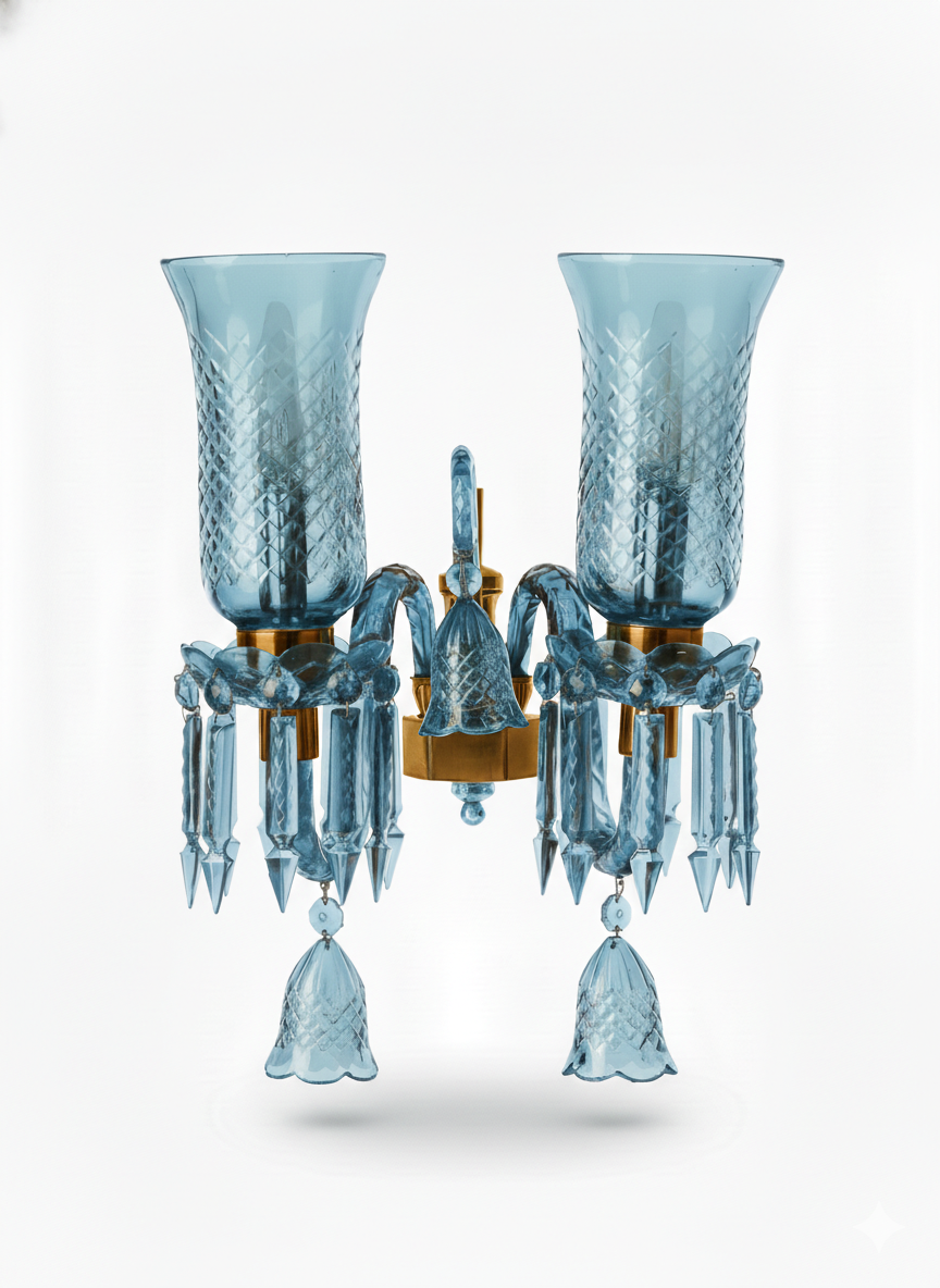 Meher Diamond-Cut Tulip Twin-Light Crystal Wall Sconce — Sky Blue · Wall Light · SGE-WL-073 · Samrat Glass Emporium — view 2