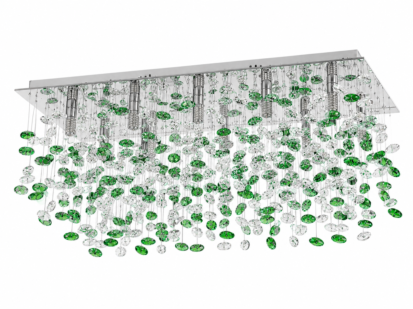 Haritvarsha Emerald-and-Clear Crystal-Disc Rectangular Rainfall Chandelier — Chrome · SGE-CH-103 · Samrat Glass Emporium — view 2