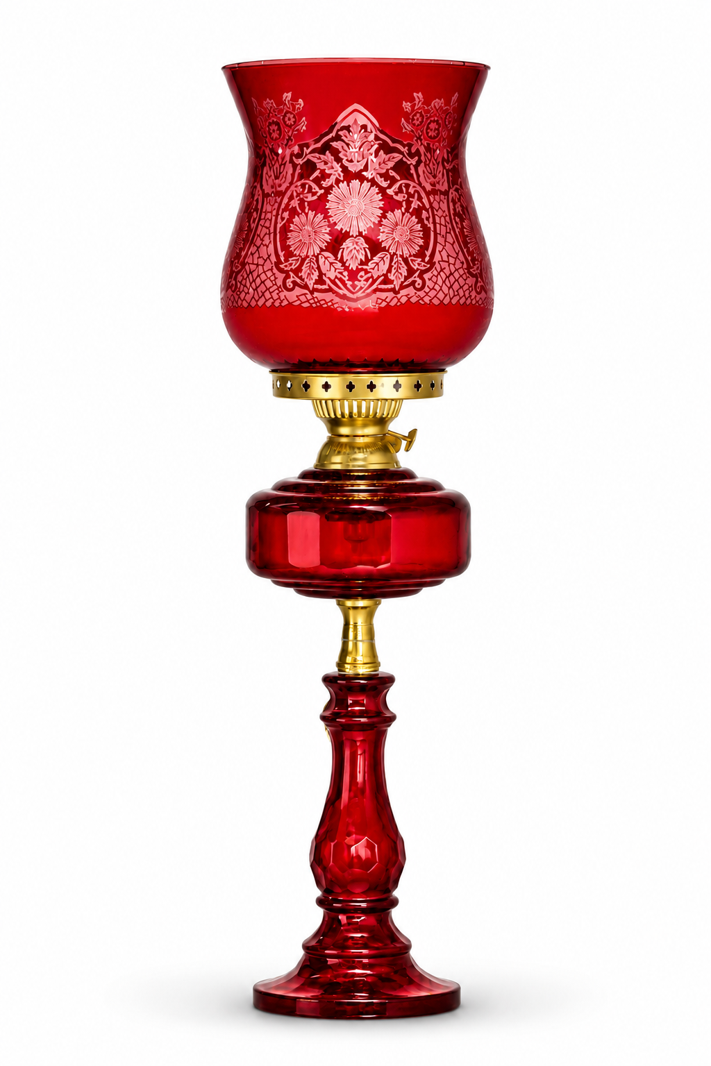 Gulbahar Etched Floral Hurricane Table Lamp — Ruby Red · SGE-TL-070 · Samrat Glass Emporium — view 2
