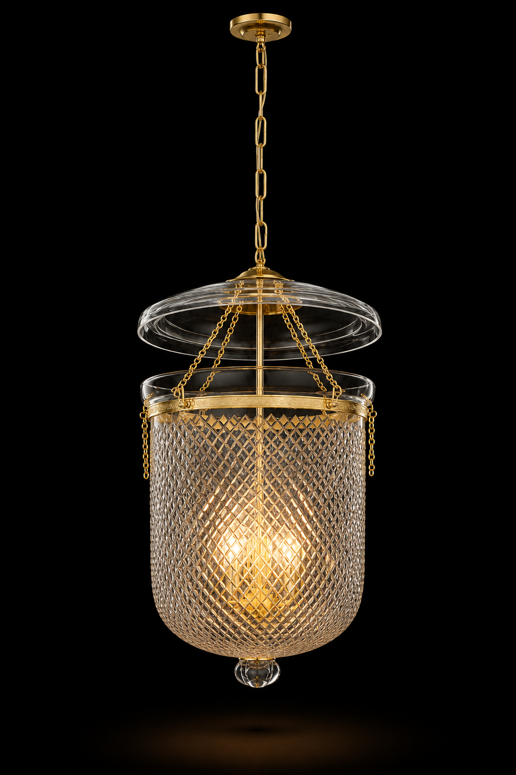 Kandil Bell-Jar Glass Hanging Light — Open-Crown Diamond-Lattice Three-Light