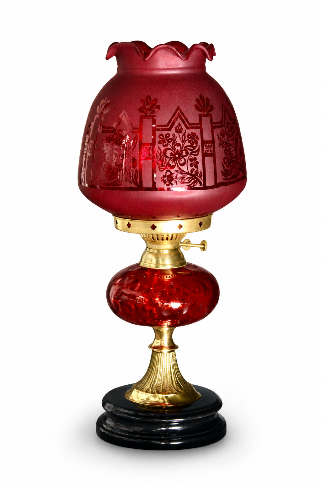 Rangbagh Ruby-Red Scalloped Floral Hurricane Table Lamp · SGE-TL-031 · Samrat Glass Emporium — view 2
