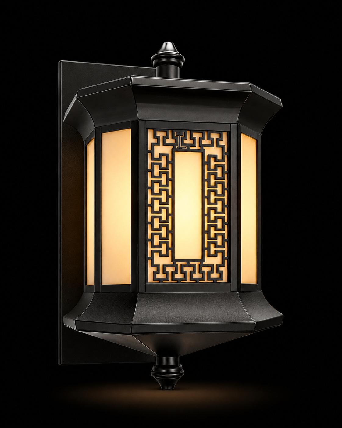 Yantra Greek-Key Matte-Black Outdoor Wall Lantern