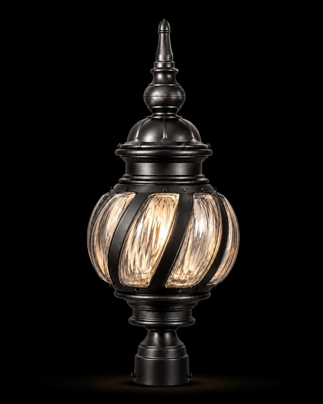 Chakravyuh Ribbed Globe Black Gate Pillar Lamp · Gate Light · SGE-GL-016 · Samrat Glass Emporium