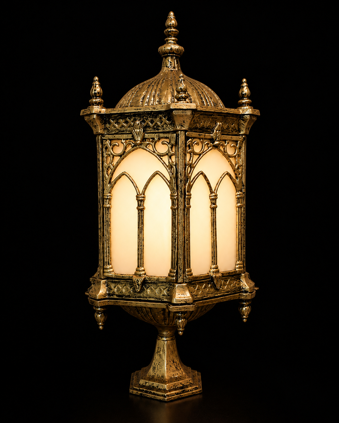 Mehrab Gothic-Arch Antique-Gold Gate Lantern · Gate Light · SGE-GL-006 · Samrat Glass Emporium