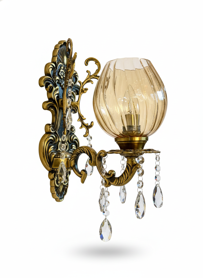 Rajprabha Amber Ribbed Glass Crystal-Drop Wall Lamp · Wall Light · SGE-WL-039 · Samrat Glass Emporium — view 2