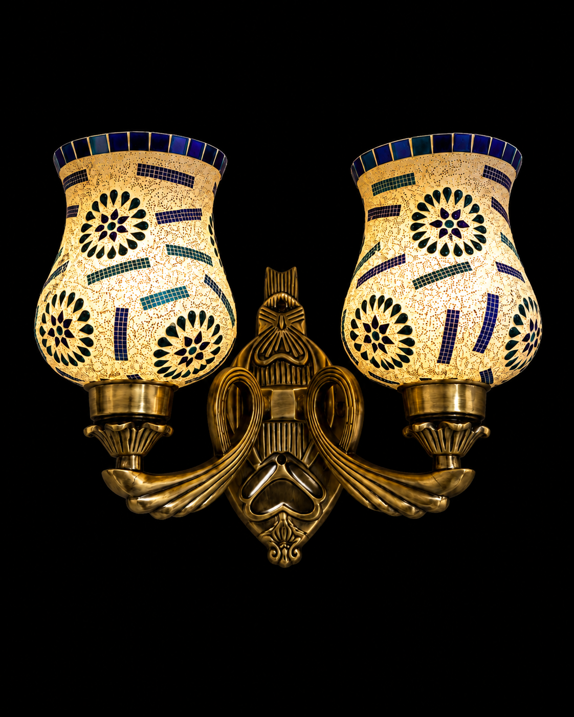 Dvipankh Sculpted Wing-Loop Twin-Arm Two-Light Antique-Brass Wall Sconce — Blue-Green Floral Mosaic Glass