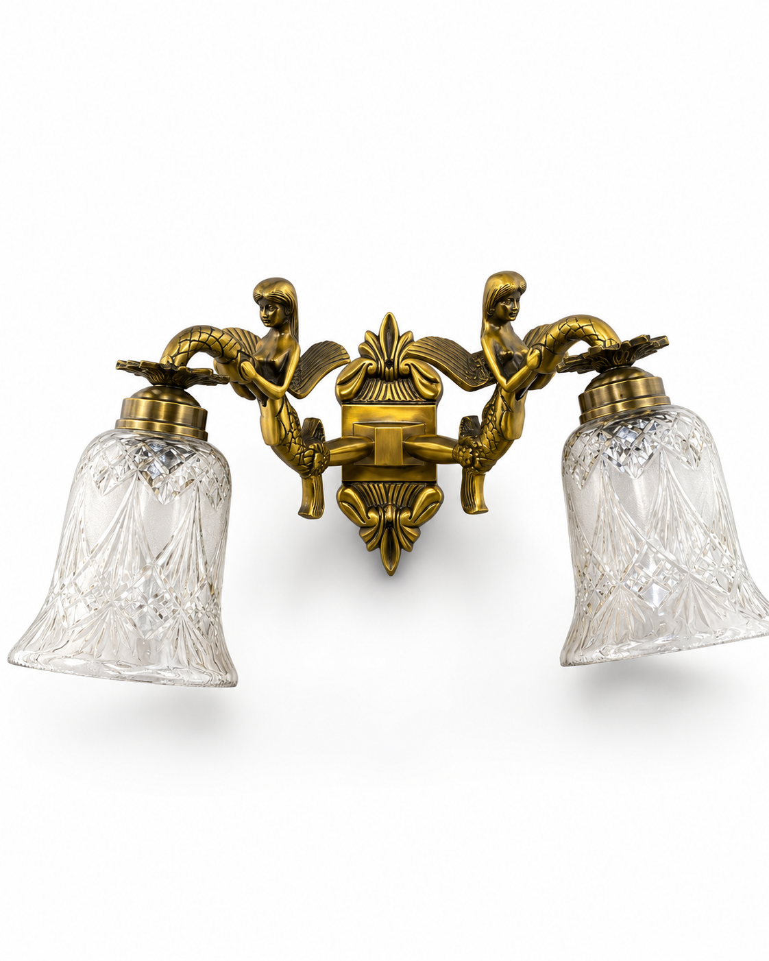Matsyakanya Sculpted Mermaid-Arm Diamond-Cut Clear Glass Twin-Light Wall Sconce · Wall Light · SGE-WL-131 · Samrat Glass Emporium — view 2