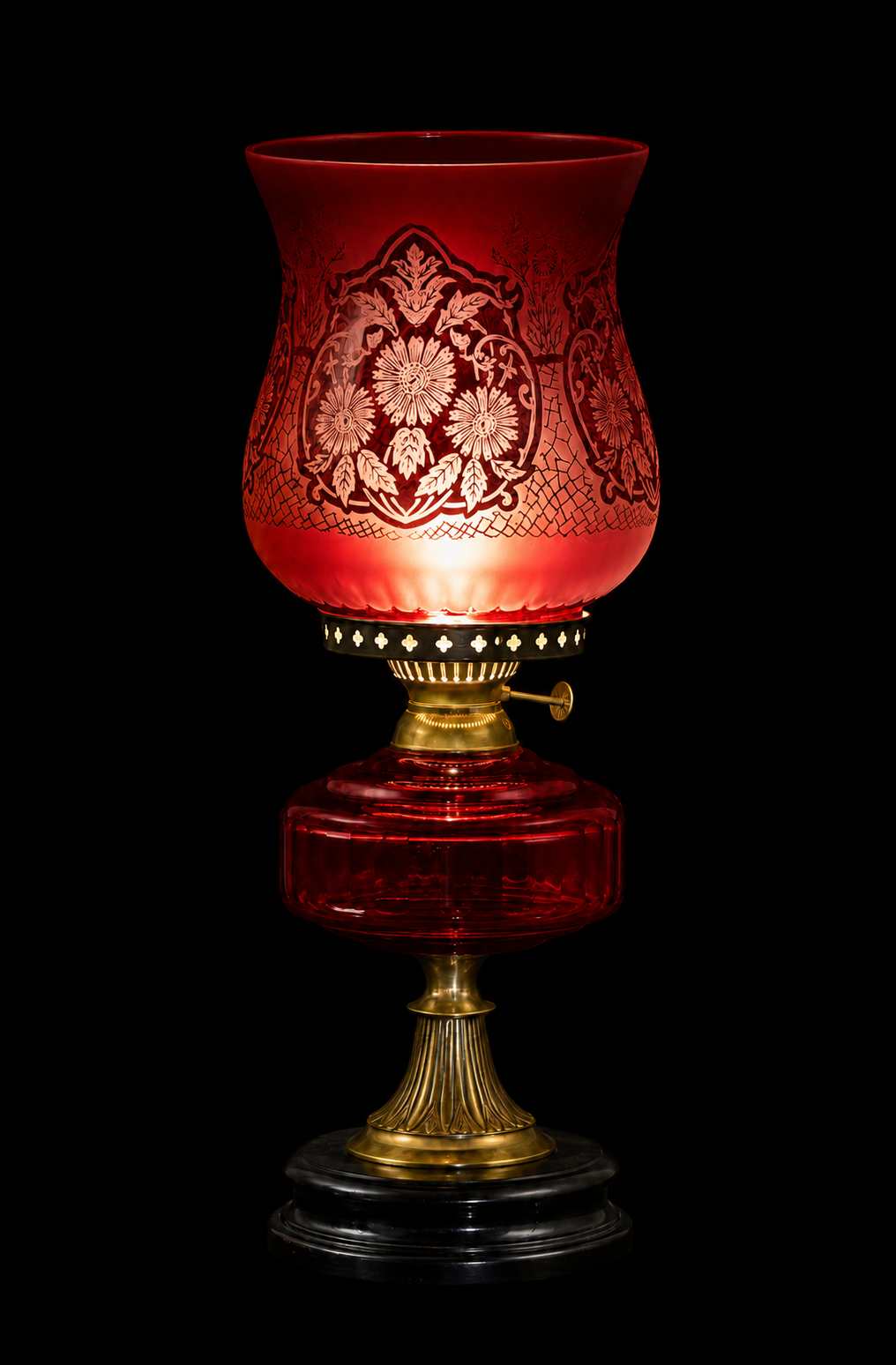Gulbagh Floral-Etched Hurricane Table Lamp — Ruby Red