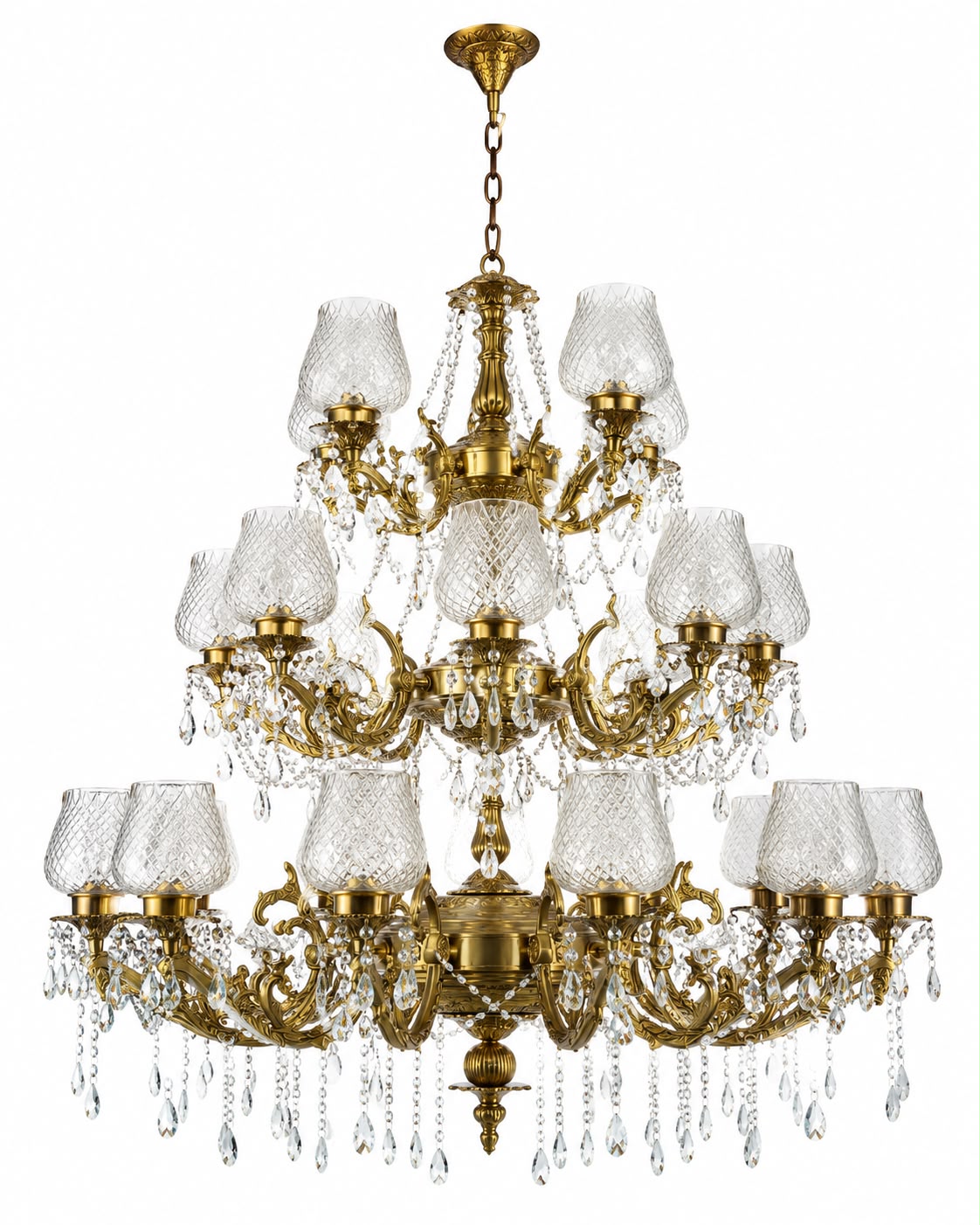 Ratnadeep Diamond-Lattice Hurricane Glass Chandelier — Grand Three-Tier Crystal Cascade · SGE-CH-044 · Samrat Glass Emporium — view 2