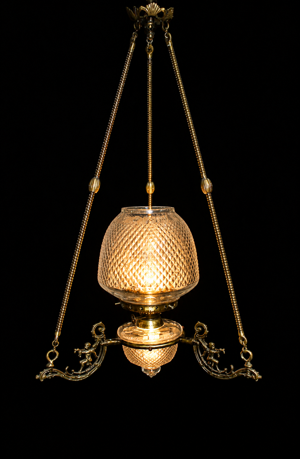 Cherub Motif Diamond-Cut Glass Hanging Light — Twin Scroll Supports · SGE-HL-035 · Samrat Glass Emporium