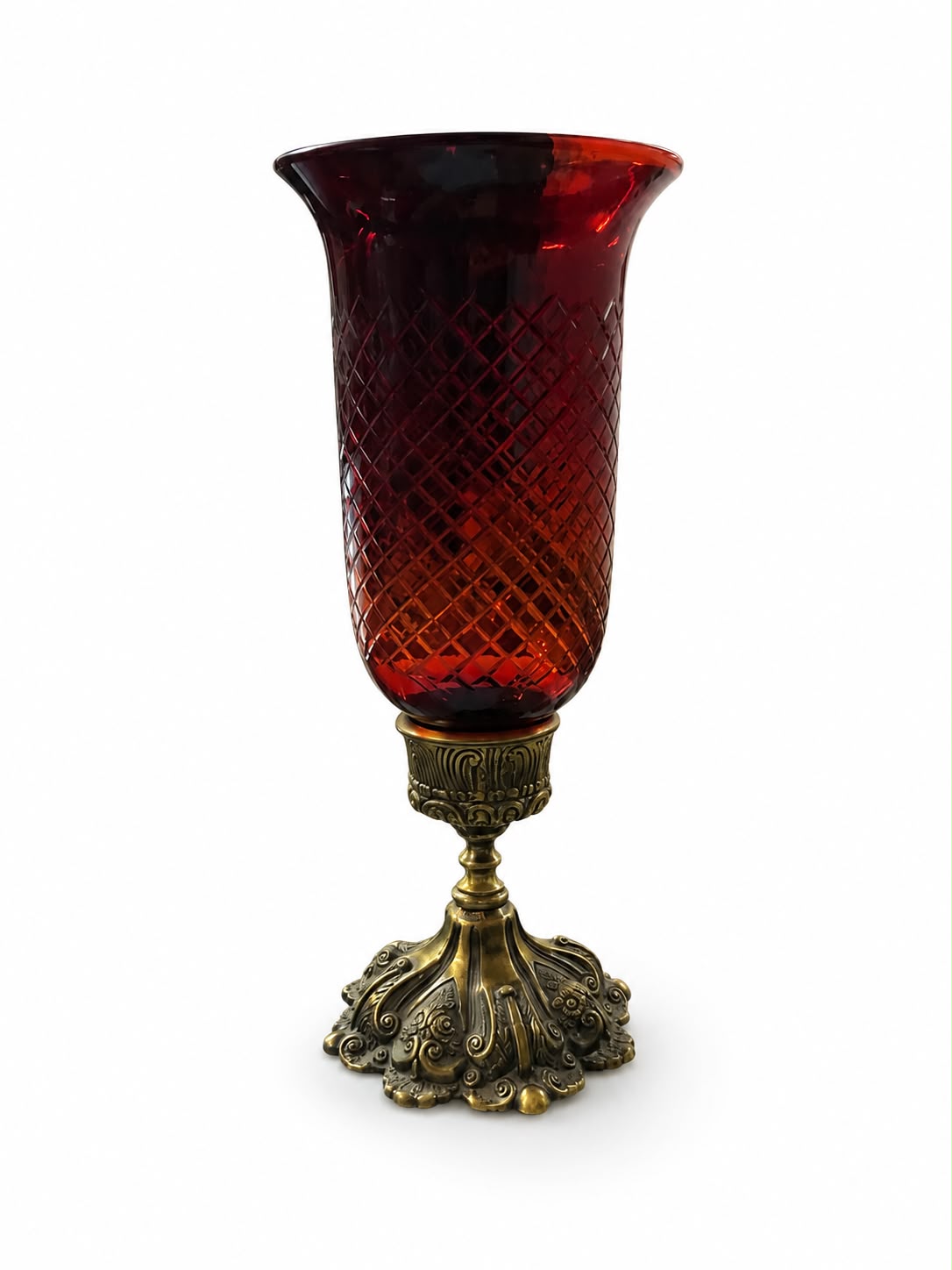 Rajwada Diamond-Cut Hurricane Candle Stand — Ruby Red · SGE-CS-010 · Samrat Glass Emporium — view 2