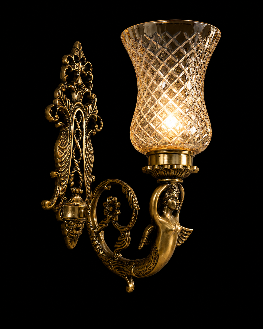 Devangana Sculpted Maiden-Arm Diamond-Lattice Glass Wall Sconce