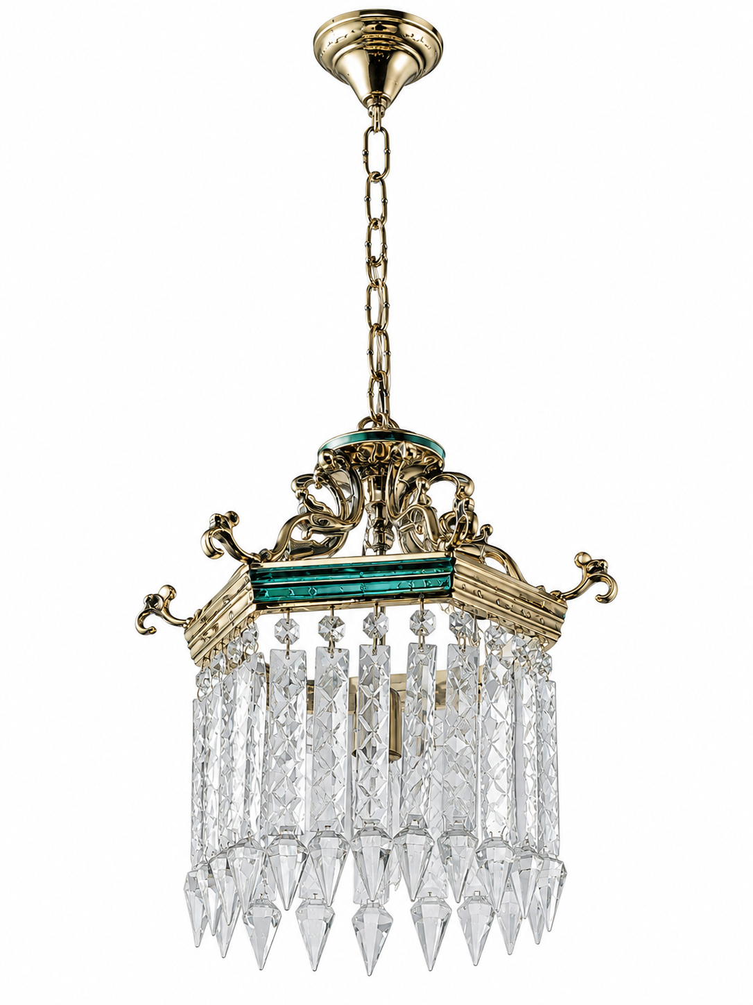 Mehrab Square Scrollwork Crystal Hanging Lantern — Silver-Teal — Small · Hanging Light · SGE-HL-072 · Samrat Glass Emporium — view 2