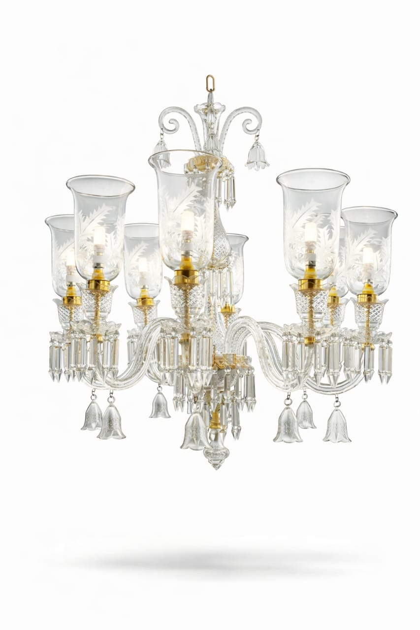 Afsana Etched-Leaf Tulip Eight-Light Single-Step Clear Crystal Chandelier · SGE-CH-089 · Samrat Glass Emporium — view 2
